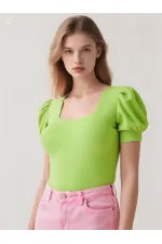 Kadın Fıstık Yeşili Kare Yaka Örme Bluz HZL22W-BD104091