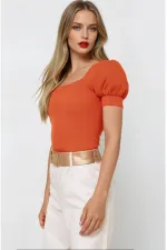 Kadın Oranj Kare Yaka Örme Bluz Hzl22w-bd104091