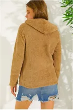 Kadın Hardal Welsoft esnek kumaş Peluş Yumoş Önü Fermuarlı Kapüşonlu Ceket HZL23W-DSB110081