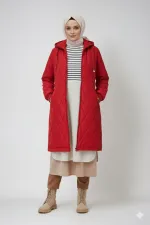 Women's Burgundy Long Quilted Lined Puffer Coat HZL25W-BD151381