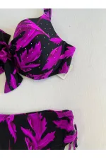 Kadın Siyah Mor Taş İşlemeli Büyük Beden Bikini Takım HZL25S-LC3337
