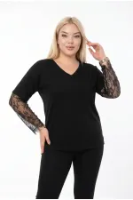 Women's Black Plus Size V-Neck Lace Sleeve Blouse HZL26S-ZSS19661