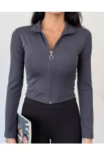 Women's Anthracite Diving Fabric Zippered Finger-Tight Sweatshirt HZL25W-FRY123441