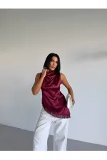 Women's Burgundy Halter Neck Asymmetrical Cut Fringe Detail Satin Blouse HZL26S-FRY123911