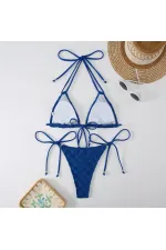 Kadın Saks Mavisi  İp Bağlamalı Aksesuarlı Astarlı Yüksek Bel Üçgen Bikini Takım HZL24S-LC2229