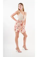 Kadın Sarı Önden İp Bağlamalı Ajurlu Model Saten Yüzeyli Mini Elbise HZL24S-YY250