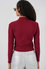 Kadın Bordo Yarım Balıkçı Önü Taşlı Body HZL25W-BD19221