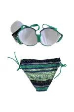 Kadın Yeşil Taş İşlemeli Etnik Desenli Astarlı Bikini Takımı HZL25S-LC3305