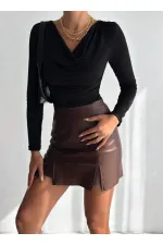 Kadın Siyah Degaje Yaka Yandan Büzgülü Uzun Kol Sandy Bluz HZL24W-FRY122481