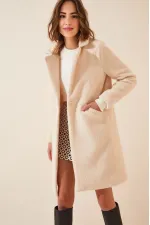 Manteau en cachemire bouclé doublé crème pour femme, à un bouton et double poche HZL22W-BD190821