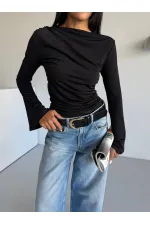 Kadın Siyah Drape Detaylı İspanyol Kol Sany Bluz HZL25W-FRY123431