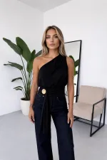 Women's Black Asymmetrical One-Shoulder Draped Blouse with Gold Accessory Details HZL26S-FRY123751