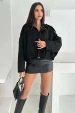 Kadın Siyah Oversize Fermuar ve Çıt Çıt Kapamalı Cepsiz Süet Deri Ceket HZL25W-BD107301