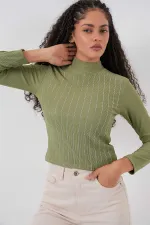 Kadın Çağla Yeşil Yarım Balıkçı Önü Taşlı Body HZL25W-BD19221