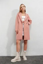 Kadın Pembe Tek Düğmeli Çift Cepli Astarlı Şık Kaşe Kaban HZL23W-BD190851