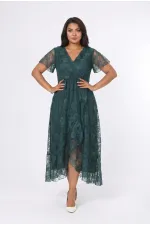 Kadın Yeşil Büyük Beden V Yaka Astarlı Dantel Detaylı Şık Abiye Elbise HZL26S-PR11071