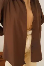 Kadın Tesettür Kahverengi Geniş Kalıp Uzun Basic Gömlek HZL24W-BD139001