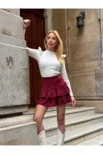 Kadın Bordo Kuş Gözlü Fır Fır Detaylı Mini Etek HZL25W-ZK11391