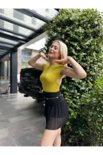 Kadın Fıstık Yeşili Sırt Dekolteli Kısa Kollu Bluz HZL24S-ZK10831