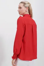 Kadın Kırmızı Fırfır Detaylı Uzun Kollu Şık Gömlek HZL25W-BD1202231