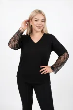 Women's Black Plus Size V-Neck Lace Sleeve Blouse HZL26S-ZSS19661