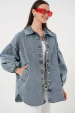 0662 Denim Balon Kollu Kot Ceket - Mavi