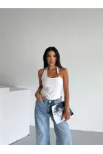 Kadın Beyaz Ottoman Kumaş Halter Yaka Toka Detay Bluz HZL26W-BD123321