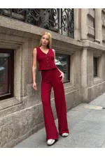 Kadın Bordo Beli Lastilkli Gofre Kumaş Pantolon HZL24S-ZK13261