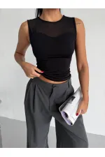 Kadın Siyah Kolsuz Likralı Tül Detay Sandy Bluz HZL26W-FRY123721