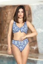 Kadın Mavi Beyaz Desenli Göğüs Askılı Astarlı Yüksel Bel Bikini Takım HZL24S-AR1608