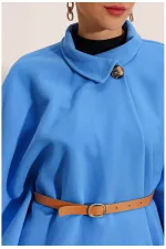 Poncho en cachemire bleu pour femme, col Judge, ceinture détaillée HZL24W-BD191341