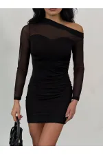 Women's Black Mini Dress with Tulle and Drape Details HZL25W-FRY123681