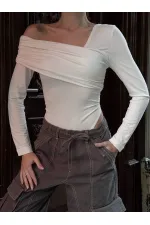 Kadın Beyaz Tek Omuz Asimetrik Kesim Bodysuit HZL25W-ZK11521