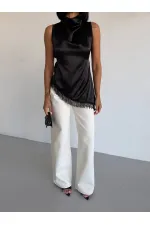 Women's Black Halter Neck Asymmetrical Cut Fringe Detail Satin Blouse HZL26S-FRY123911