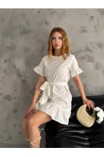 Kadın Beyaz Beli Kuşaklı Kolu Fırfırlı İthal Keten Elbise HZL24S-FRY121891