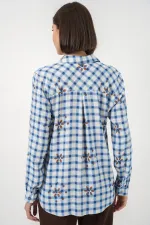 Kadın Desenli Oversize Viskon Gömlek 20371 - Mavi