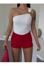 Women's White One Shoulder Gold Metal Detailed Blouse HZL25S-FRY123111