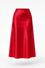 Kadın Kırmızı Saten Yüzeyli Beli Lastikli Midi Boy Etek Hzl23S-BD1101471