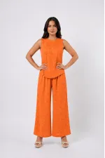 Women's Orange Linen Textured Relaxed Fit Top and Bottom Set HZL26S-VL15141 Women's Orange Linen Textured Relaxed Fit Top and Bottom Set HZL26S-VL15141