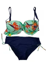 Kadın Turkuaz Lacivert Desenli Büyük Beden Astarlı Bikini Takım HZL25S-LC3327