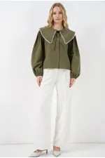 Kadın Haki Bebe Yaka Düğmeli Şık Günlük Gömlek HZL26S-BD1203141