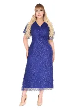 Kadın Saks Mavi Büyük Beden Kruvaze Yaka Payetli Abiye Elbise HZL26S-PR11171