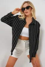 Kadın Çizgili Oversize Gömlek 20293 - Siyah