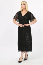 Kadın Siyah Büyük Beden Kruvaze Yaka Payetli Abiye Elbise HZL26S-PR11171