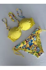 Kadın Sarı Taş İşlemeli Astarlı Bikini Takım HZL25S-LC208