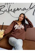 Kadın Kahverengi Baskılı Kapüşonlu Fermuarlı Oversize Sweatshirt HZL24W-ZK12741