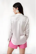 Kadın Beyaz Hafif Dökümlü Saten Yüzeyli Gömlek HZL22W-BD139641