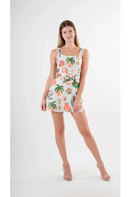 Kadın Krem Tropical Desenli Askılı Sırt Bağlamalı Kuşaklı Mini Elbise HZL24S-YY297
