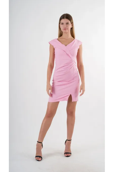 Kadın Pembe V Yaka Yırtmaç Detaylı Kolsuz Elbise HZL24S-YY272