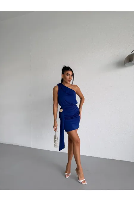 Robe courte asymétrique bleu marine à boucle sur une épaule, en tissu drapé couleur sable, pour femme, HZL26S-FRY123881